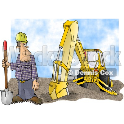 Worker Standing Beside An Excavator With A Shovel Clipart Illustration