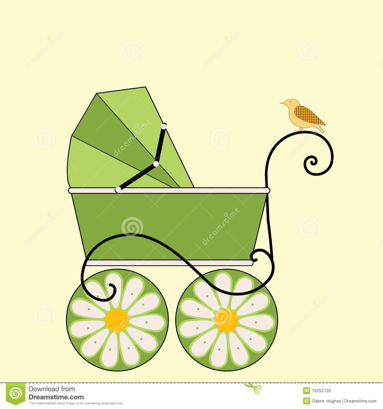 Baby Carriage   Pram And Bird Gender Netural Colors  Pattern On Birds    