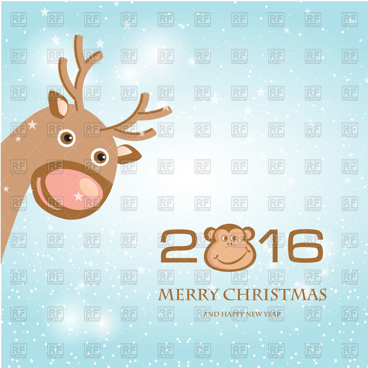 Christmas Card With Cute Reindeer And Monkey  Symbol Of 2016 New Year