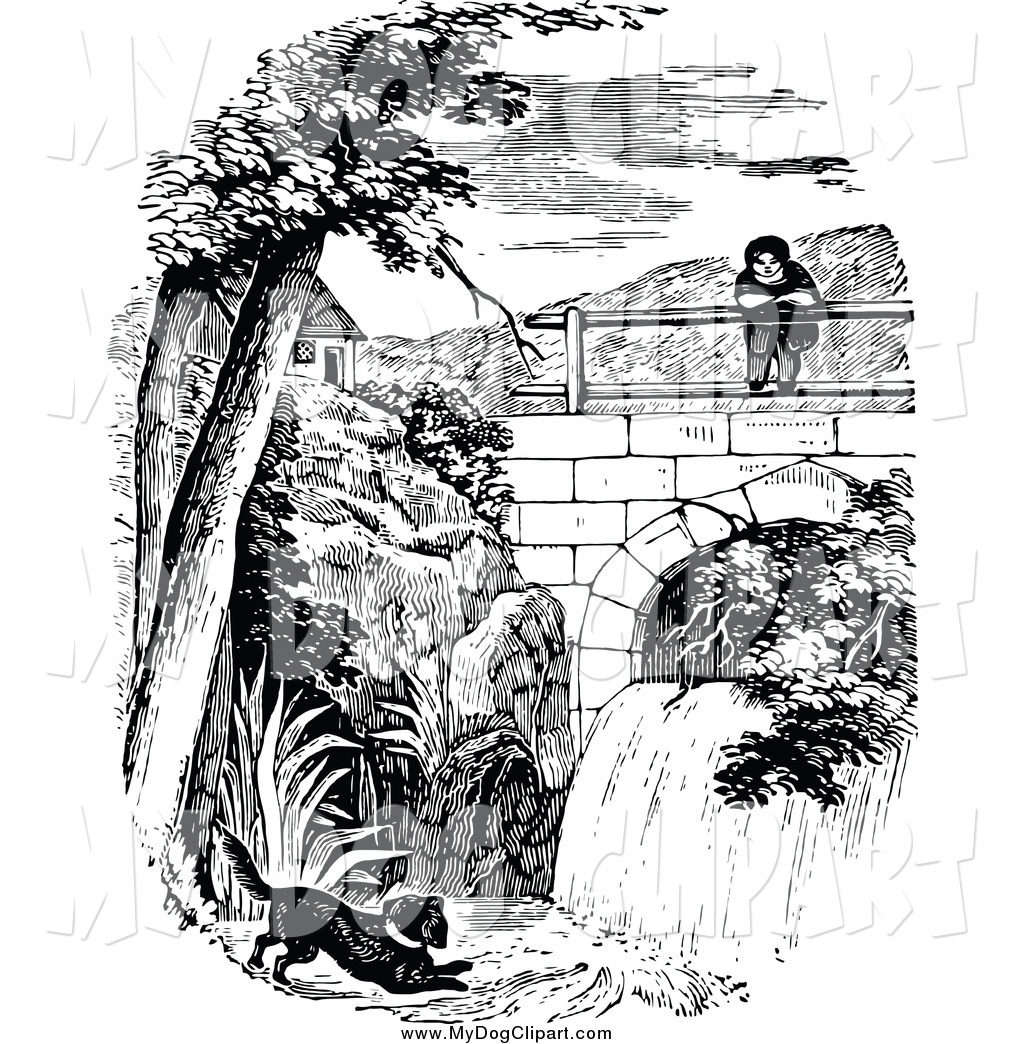 Clip Art Of A Black And White Person And Puppy By A Waterfall By