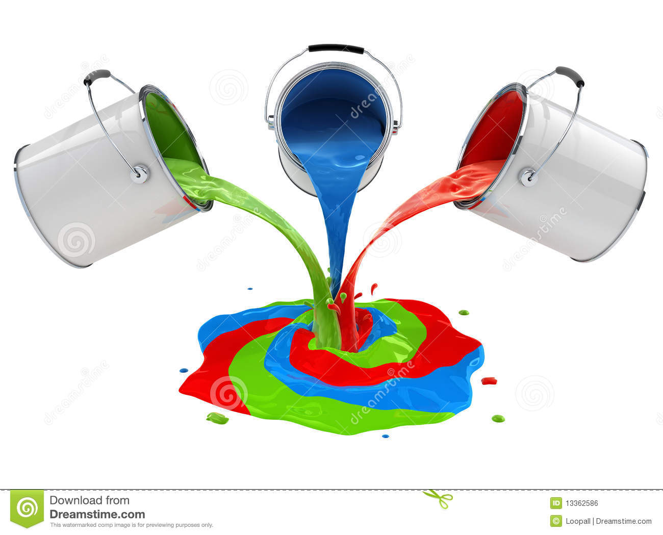 Color Paint Pouring From Buckets And Mixing 3d Illustration Isolated