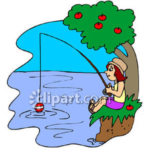 Girl Fishing In A Stream Or Lake Royalty Free Clipart Picture