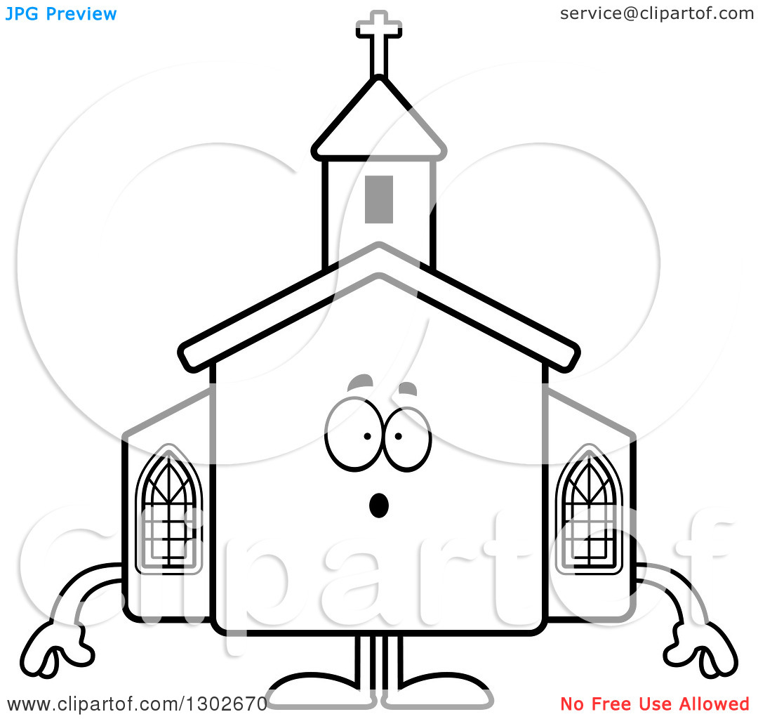 Lineart Clipart Of A Cartoon Black And White Surprised Gasping Church
