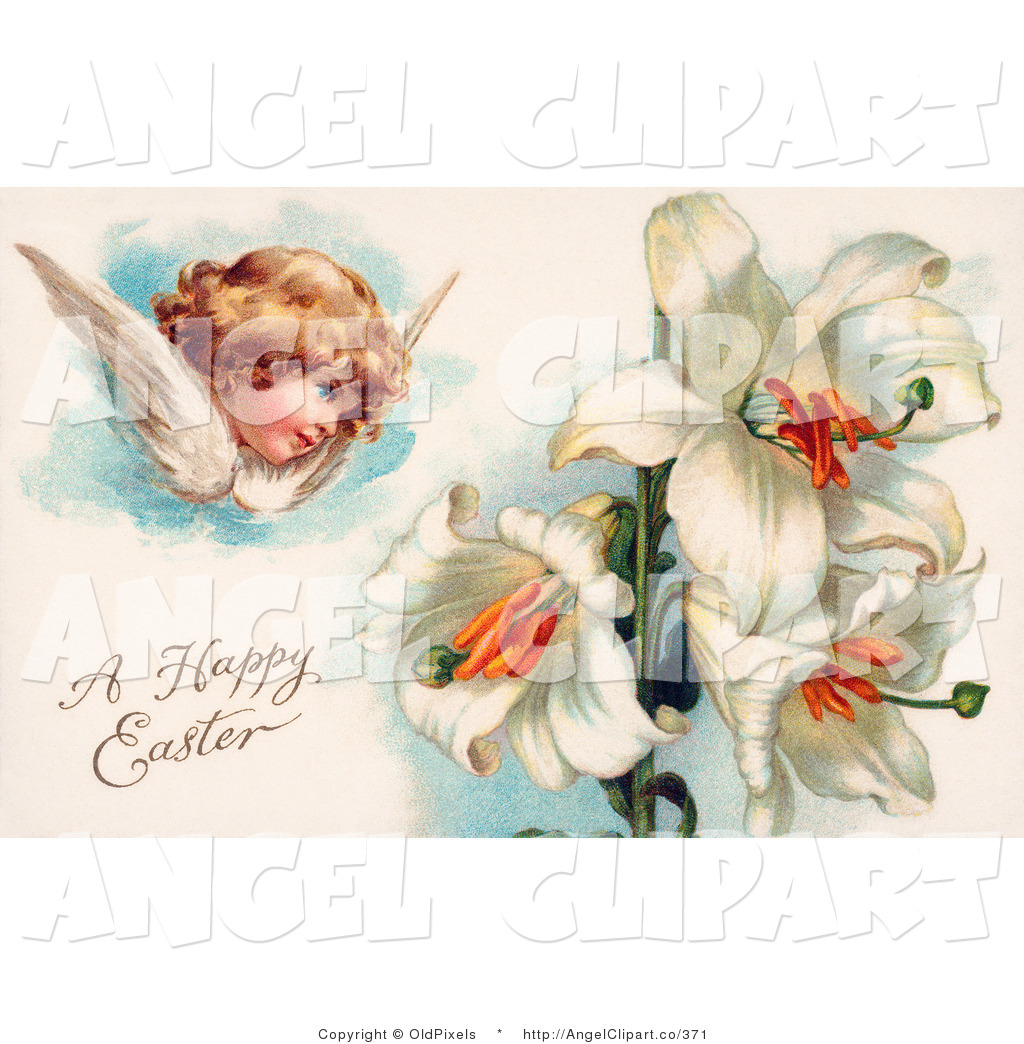Sweet Victorian Cherub Angel Flying Near White Easter Lily Flowers