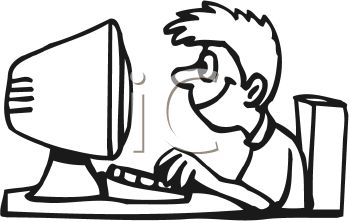      Black And White Cartoon Of A Boy Typing On A Computer Clipart Image
