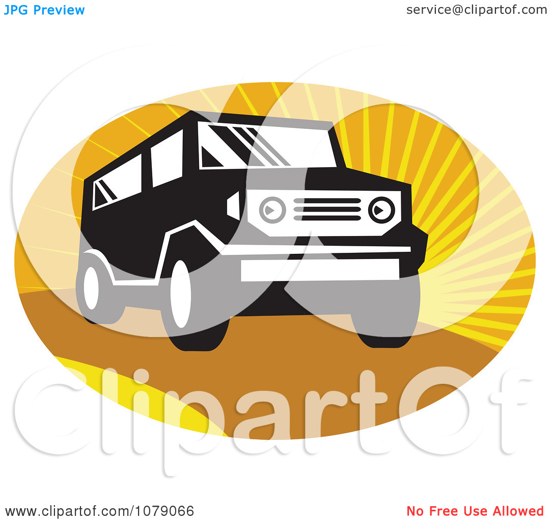 Clipart Black And White Suv Over Orange Rays   Royalty Free Vector