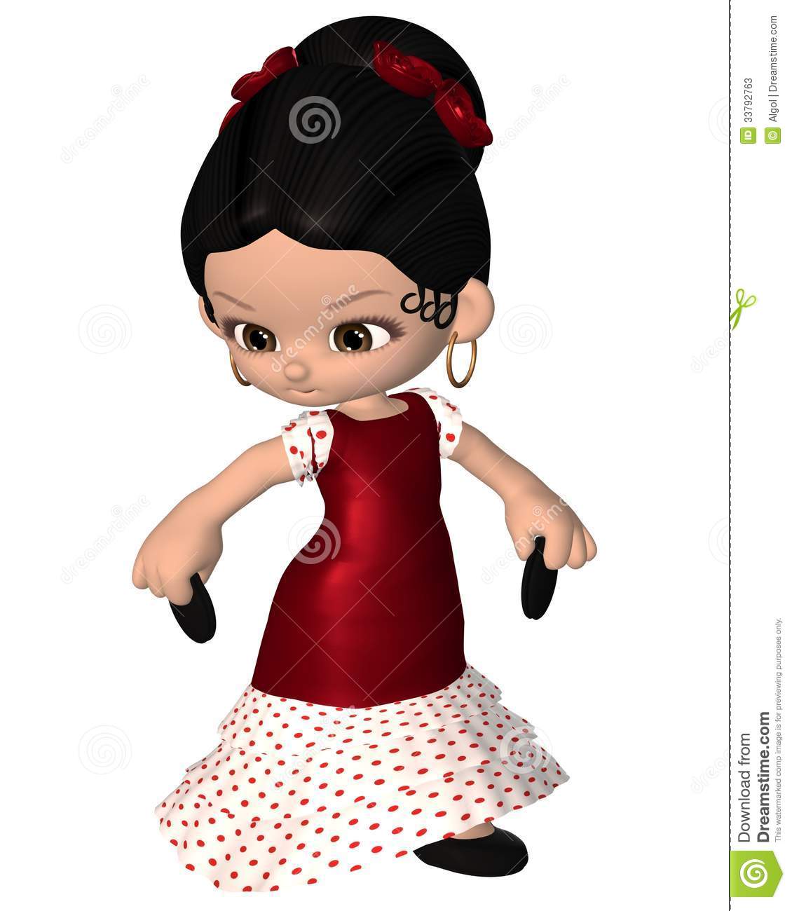Cute Toon Spanish Flamenco Dancer With Castanets And Red Dress 3d