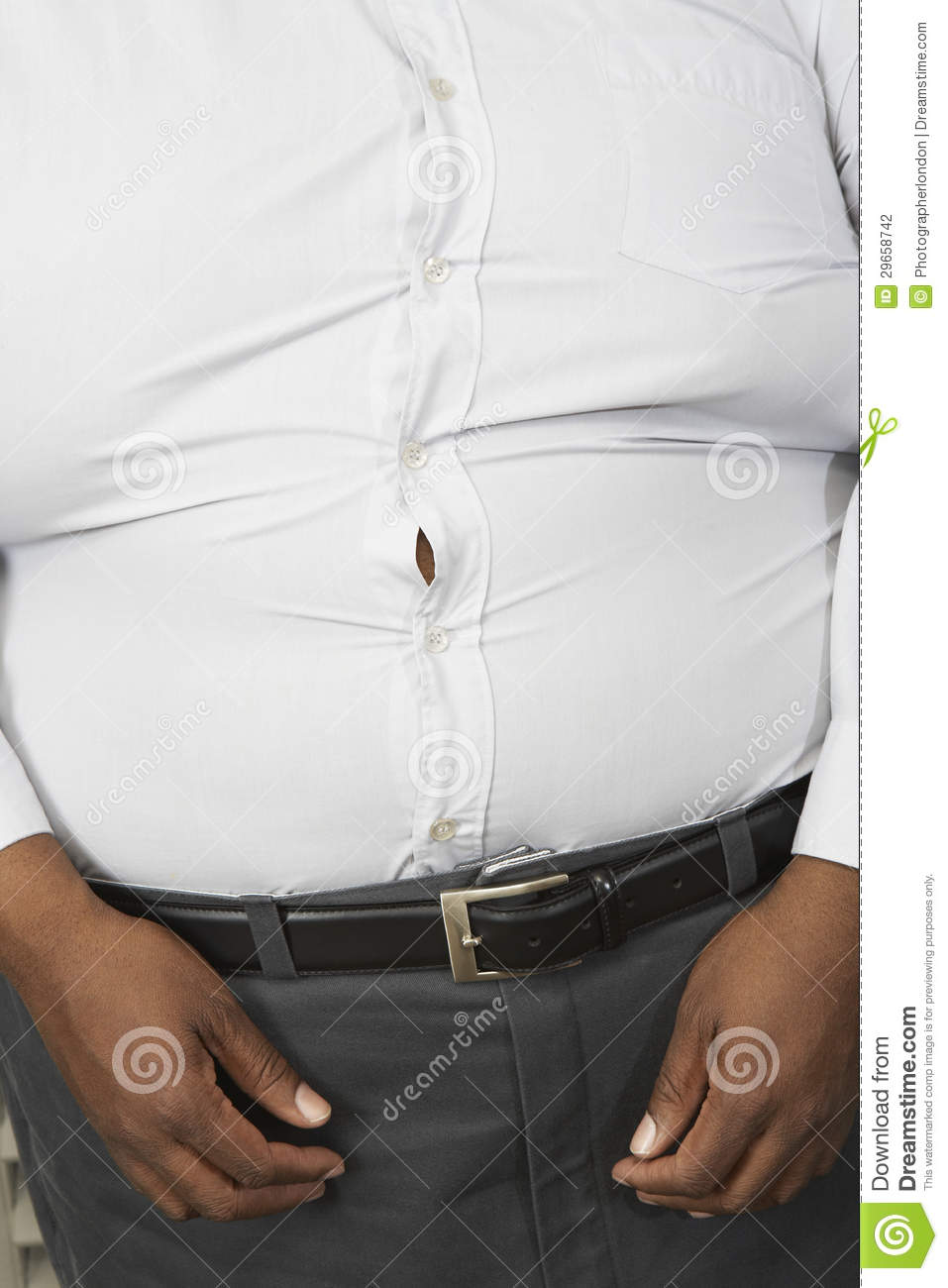 Midsection Of An Obese Man Wearing Tight Formal White Shirt