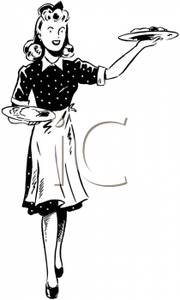 Retro Cartoon Of A Woman Waitress Carrying Two Dishes   Royalty Free
