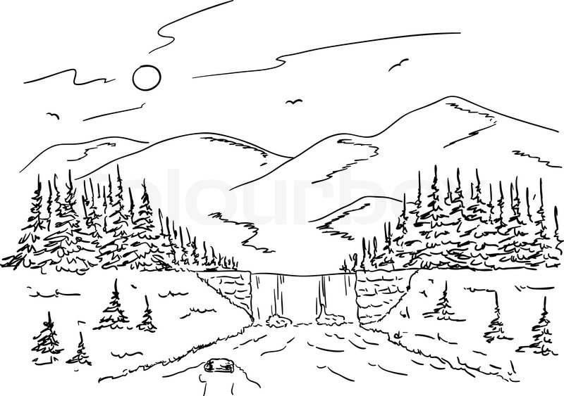 Vector Of  Vector   Mountain Landscape With A Waterfall On The Creek