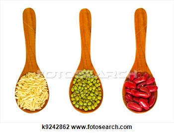 Clip Art Of Rice And Beans In Wooden Spoons On White Background