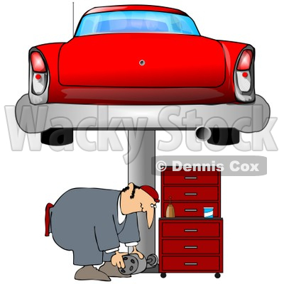 Clipart Illustration Of A Male Mechanic Bending Over To Lift A Part