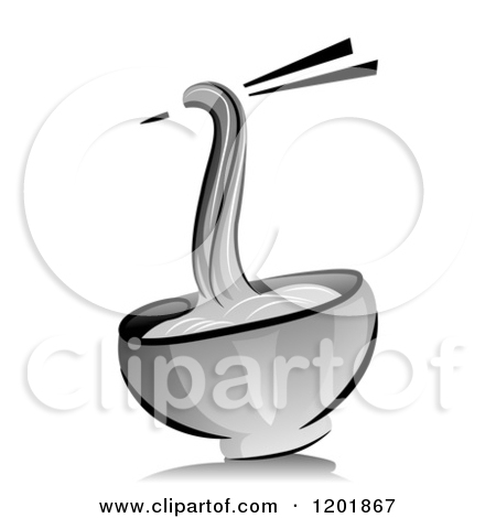 Clipart Of A Grayscale Bowl Of Noodles And Chopsticks   Royalty Free    