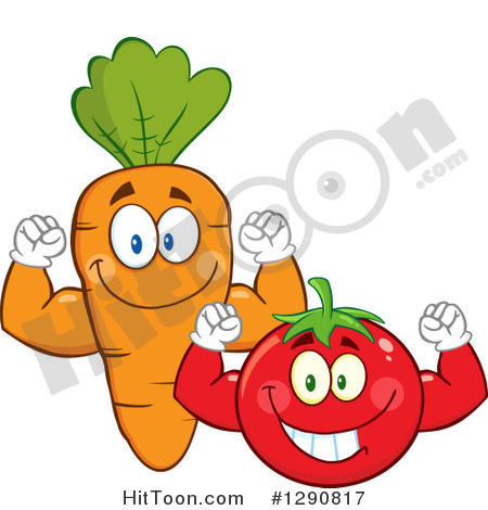 Clipart Of Happy Tomato And Carrot Characters Flexing Their Muscles    