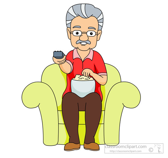 People   Elderly Man Watching Tv Eating Snacks   Classroom Clipart