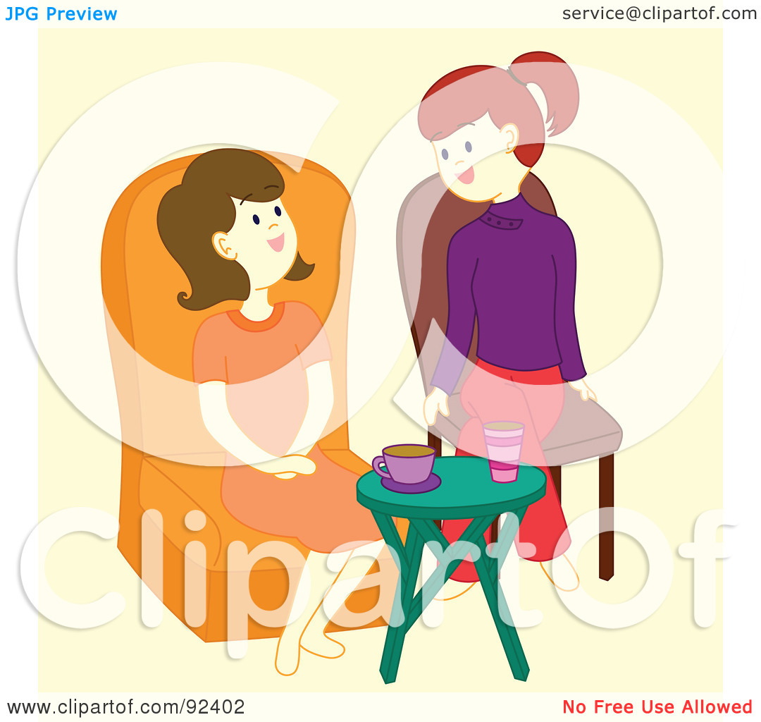 Rf  Clipart Illustration Of A Two Ladies Sitting In Chairs And Talking