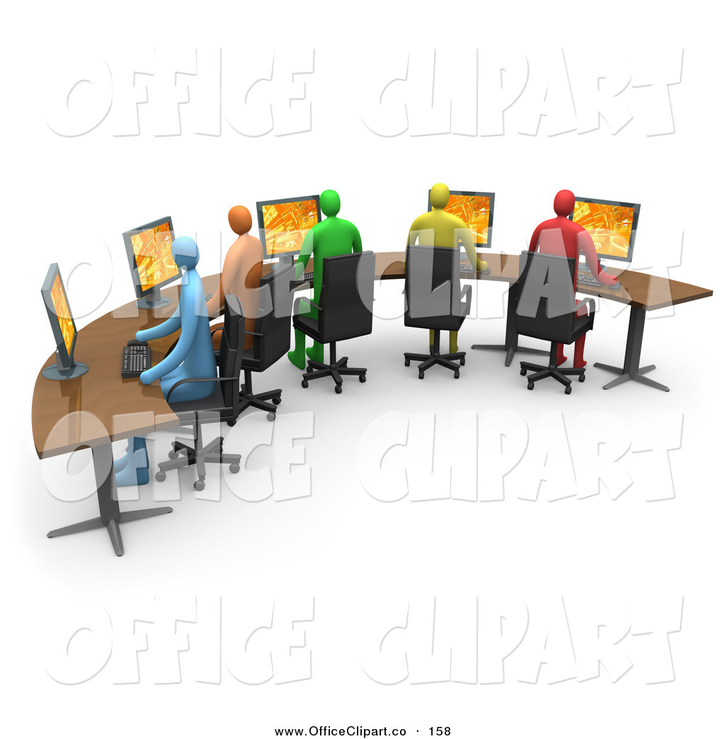Row Of Colorful Diverse Office Workers Using Computers On A Curved