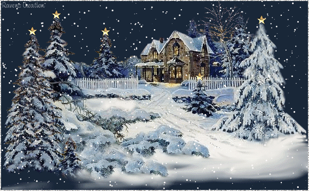 Animated Winter Snow Scene With Cabin In Snow And Fresh Snow Gently