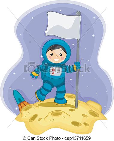 Clipart Vector Of Astronaut Boy With A Flag On The Moon   Illustration