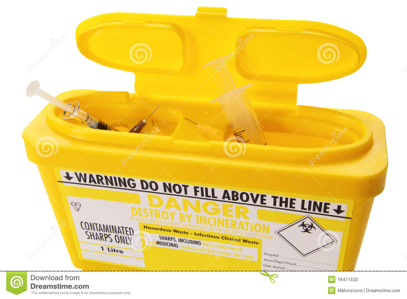 Full Contaminated Medical Sharps Container With Needles Isolated On A