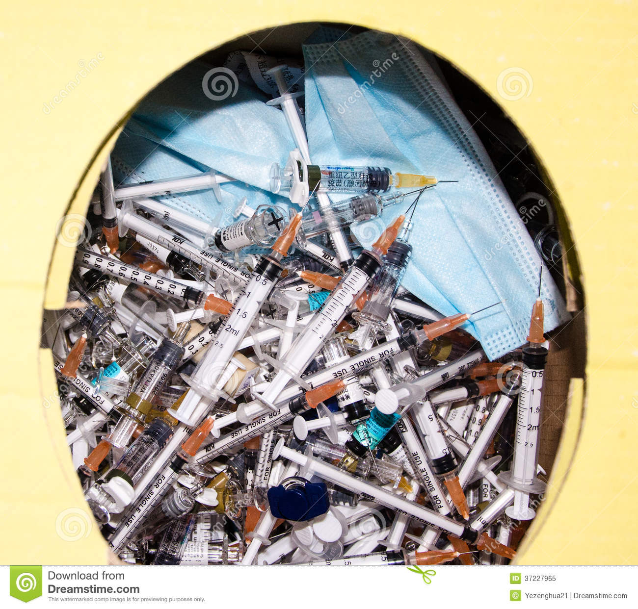 Medical Waste Used Syringes On Sharps Box