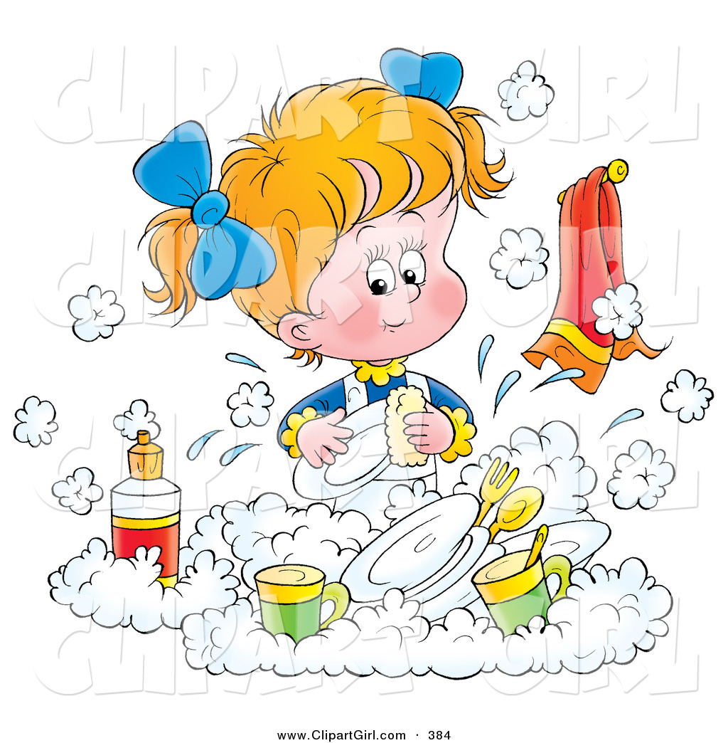 Preview  Clip Art Of A Cute Little Blond Girl Happily Washing Dishes