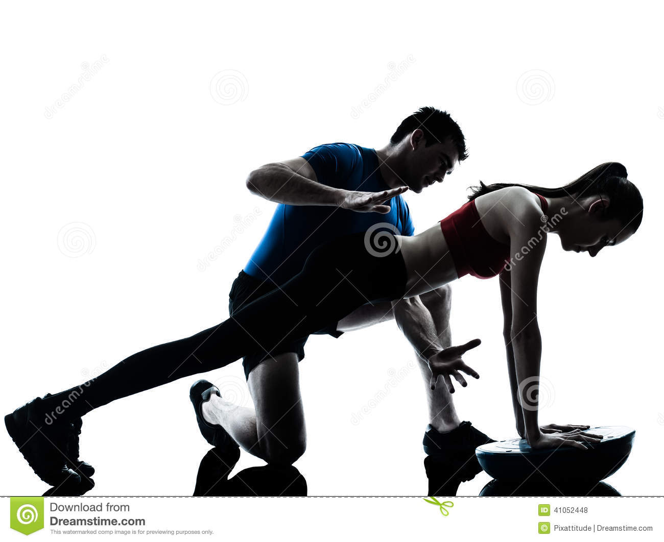 Coach Man Woman Exercising Abdominals With Bosu Silhouette Stock Photo