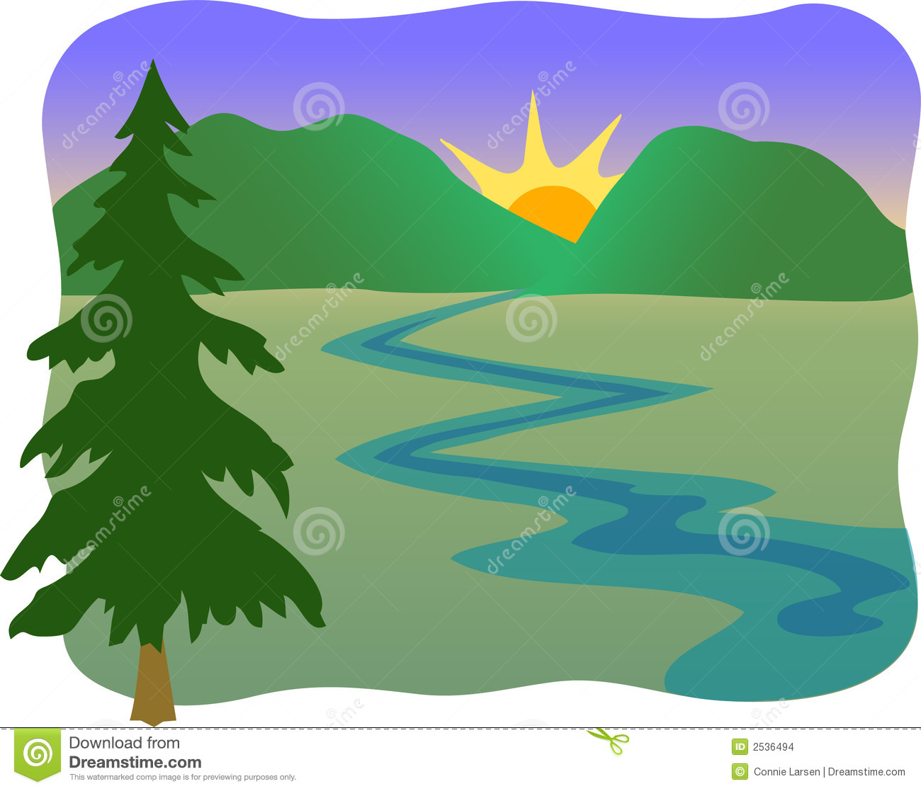 Illustration Of A Mountain Stream Sunrise Or Sunset With A Pine Tree
