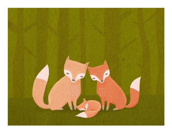 Nursery Art Print  Fox Family  Woodland Forest Friends In Orange And    