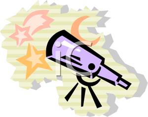 Purple Telescope With Two Shooting Stars And A Crescent Moon Clipart    