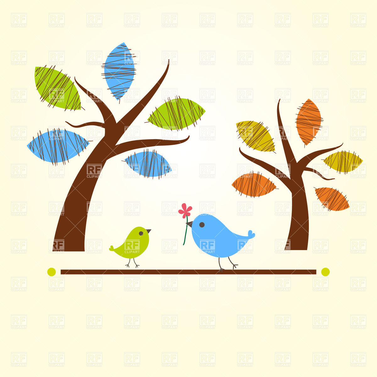 Two Stylized Cartoon Trees And Two Birds 22367 Plants And Animals