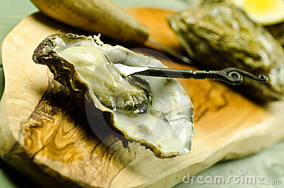 Fresh Raw Oyster On The Half Shell With Decorative Fork
