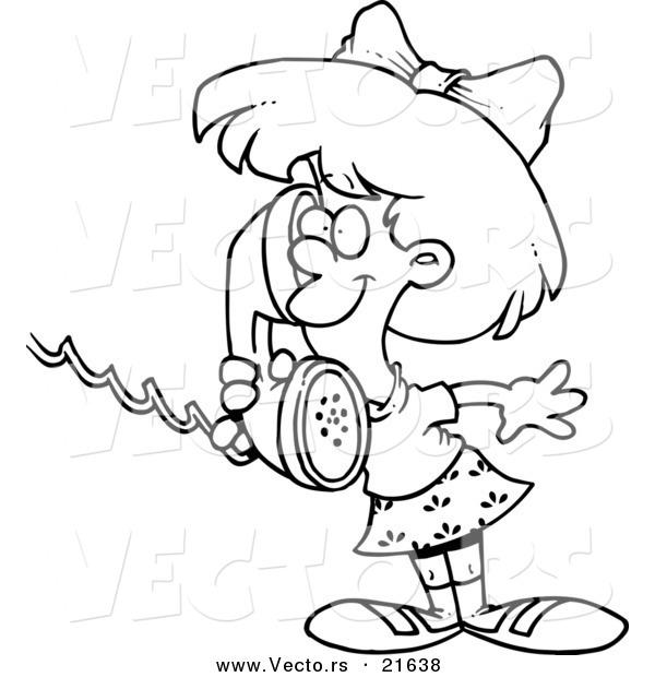 Image Vector Of A Cartoon Girl Talking On A Telephone Outlined