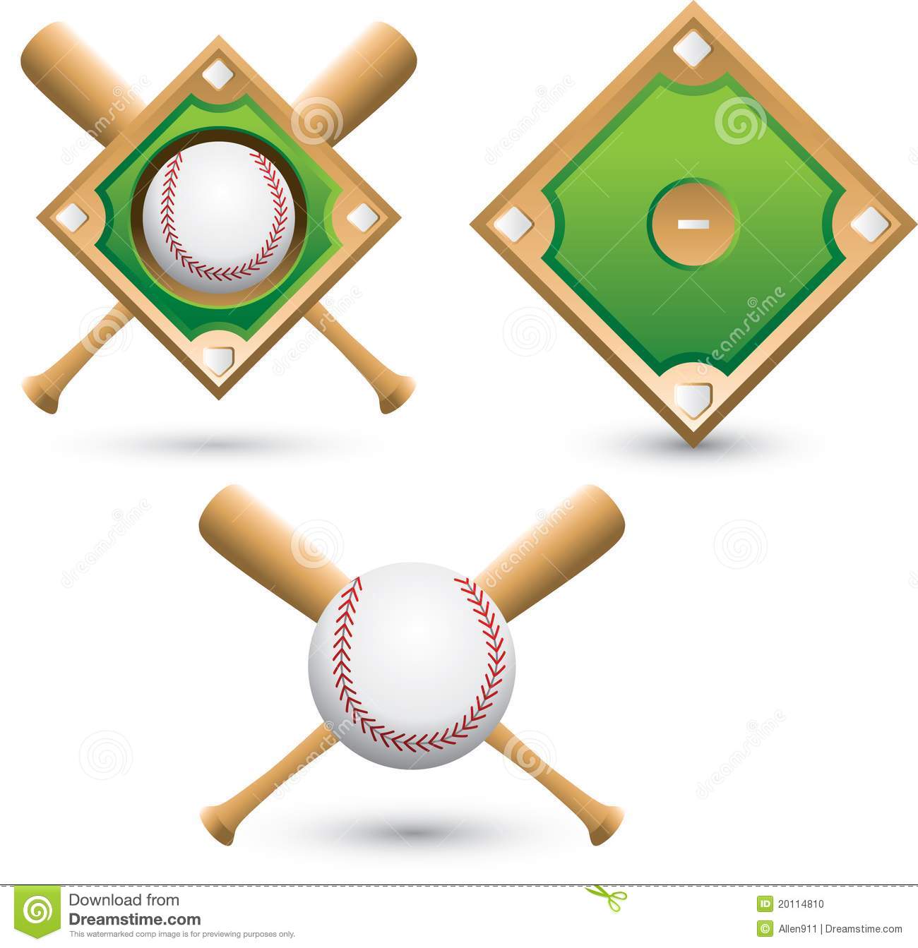 Two Baseball Diamonds Crossed Bats And Baseballs On White Background