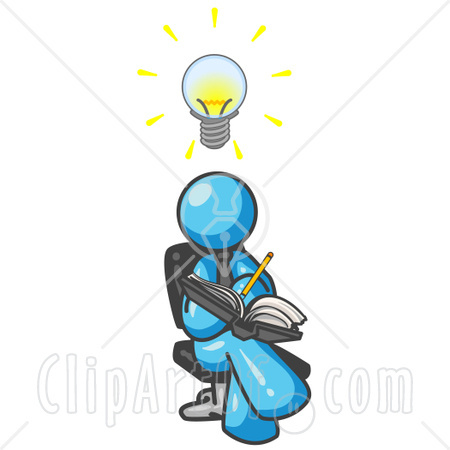 24082 Clipart Illustration Of A Smart Light Blue Man Seated With His