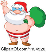 Cartoon Of Santa Waving In His Beach Shorts And Sunglasses Royalty