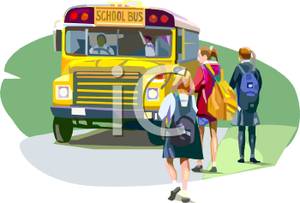 Children Walking To A School Bus   Royalty Free Clipart Picture