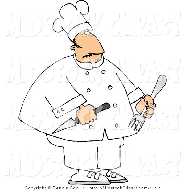 Clip Art Of A Fat Restaurant Chef Man Holding A Fork And Knife By