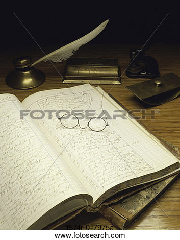 Close Up Of An Accounting Ledger With Eyeglasses And A Quill Pen Usa