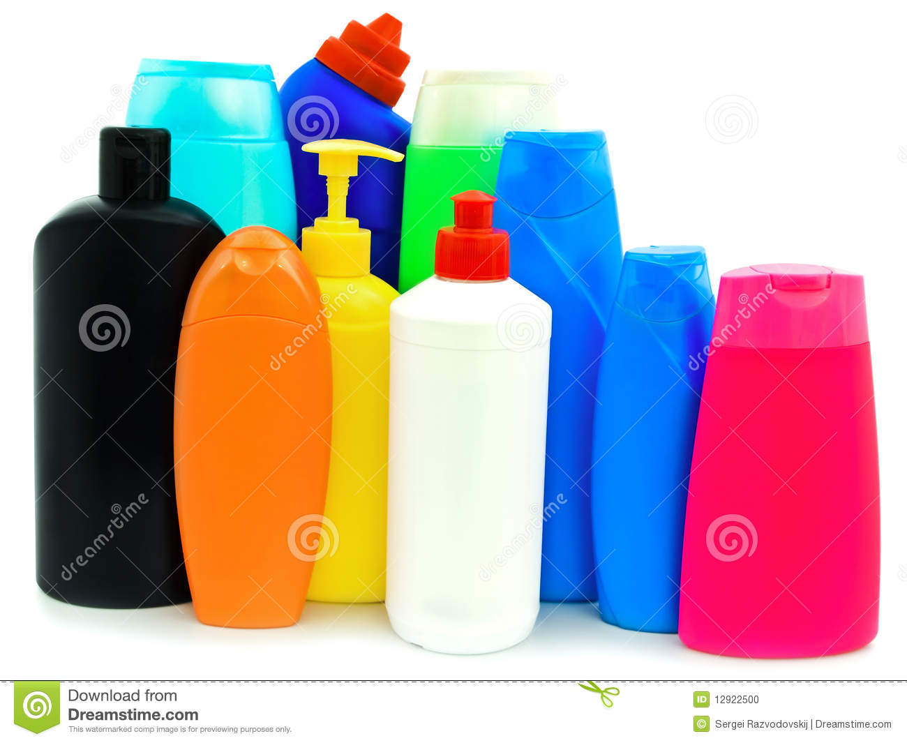 Different Toiletries Plastic Bottles Over White Background