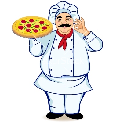 Fat Chef Cartoon Happy Chef And Pizza Vector