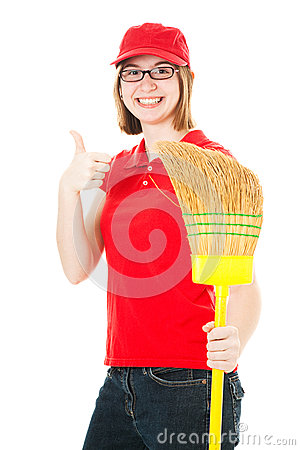 Friendly Teenage Girl With Glasses Holding A Mop And Giving The