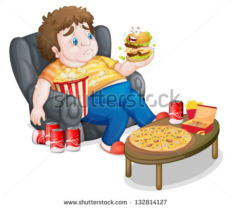 Illustration Of A Fat Boy Eating On A White Background   Stock Photo