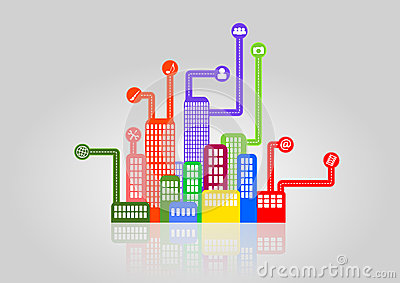 Illustration Of Colorful Urban City With Multimedia Icon