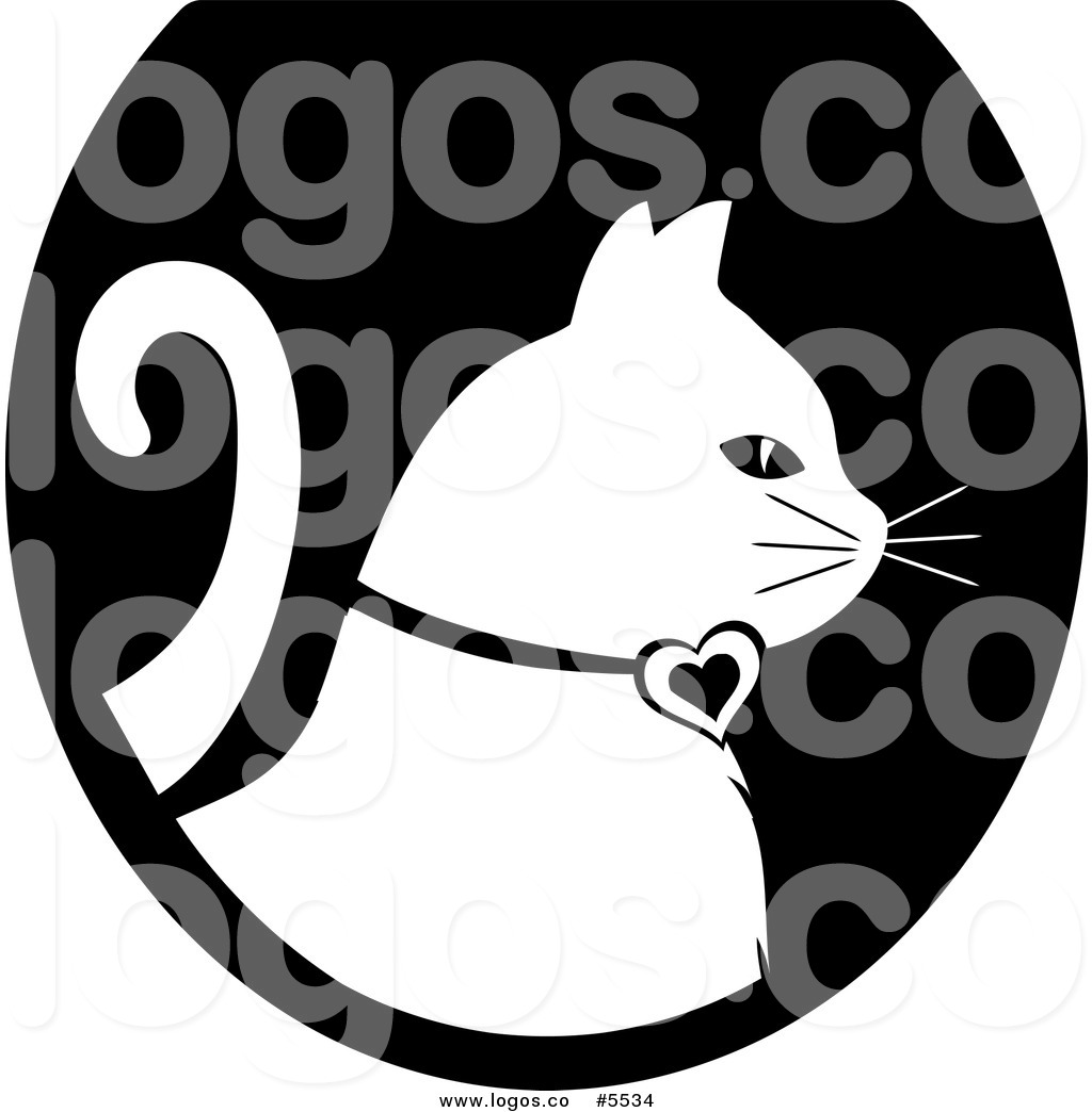 Logo Of A White Cat Profiled Over A Black Oval By Pams Clipart    5534