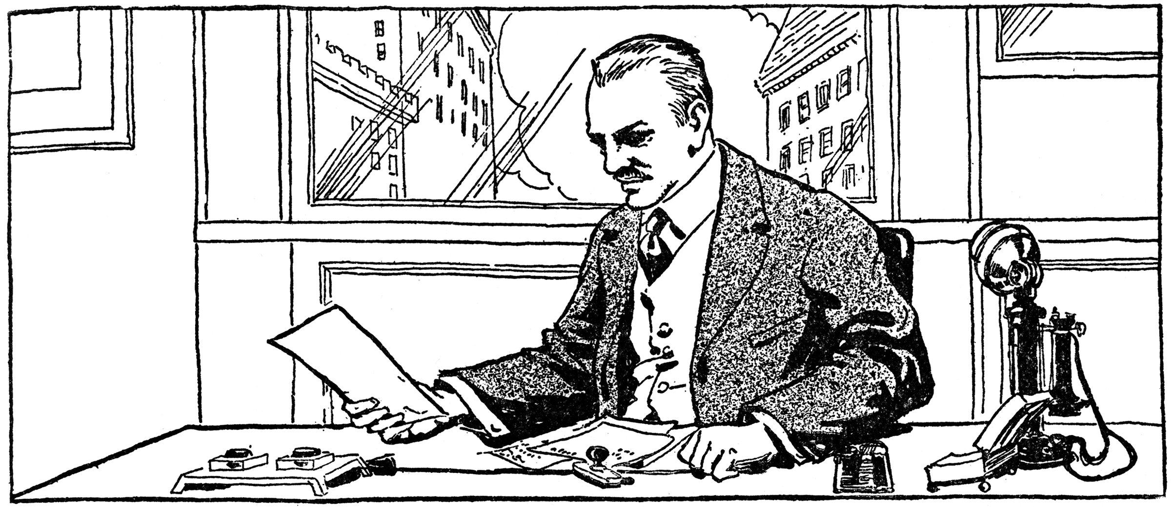 Man Reading Papers At Desk   Clipart Etc