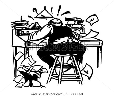 Man Working Madly At Desk   Retro Clipart Illustration   120882253