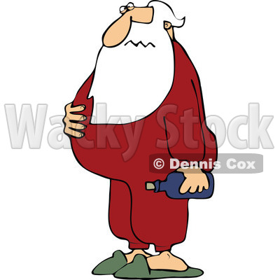 Cartoon Of A Sick Santa Holding His Sour Stomach And Medicine