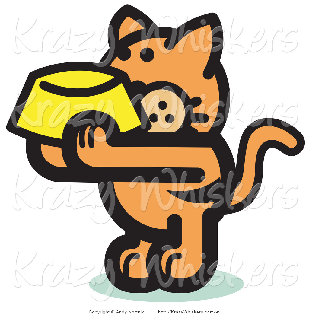Critter Clipart Of A Starving Orange Cat Holding Up A Yellow Food Dish