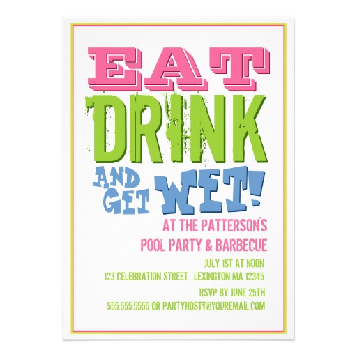 Eat Drink   Get Wet At A Pool Party   Bbq 5 X 7 Invitation Card